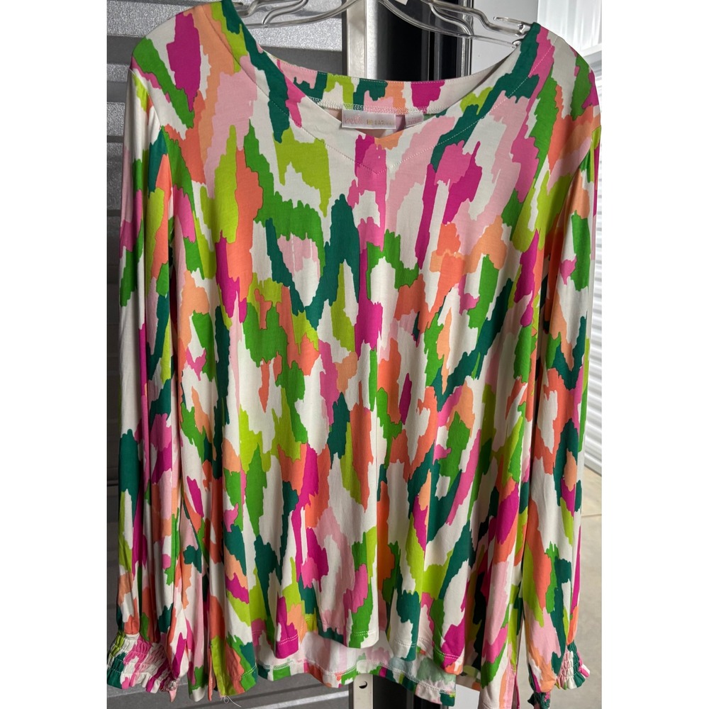Belle by Kim Gravel XL Abstract Ikat V-Neck Top Smocked Cuffs Multi-Color